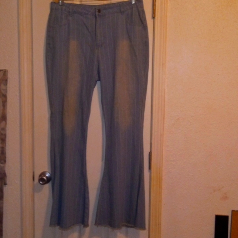 Bell Bottom Flare Leg Light Denim Pinstripe Jeans